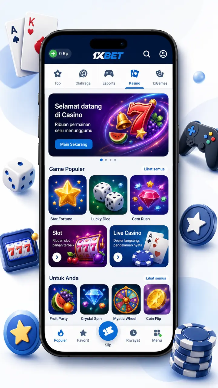 1xBet casino games screen on mobile