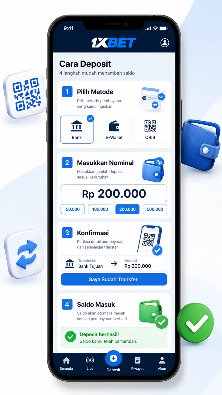 1xBet deposit process in mobile app