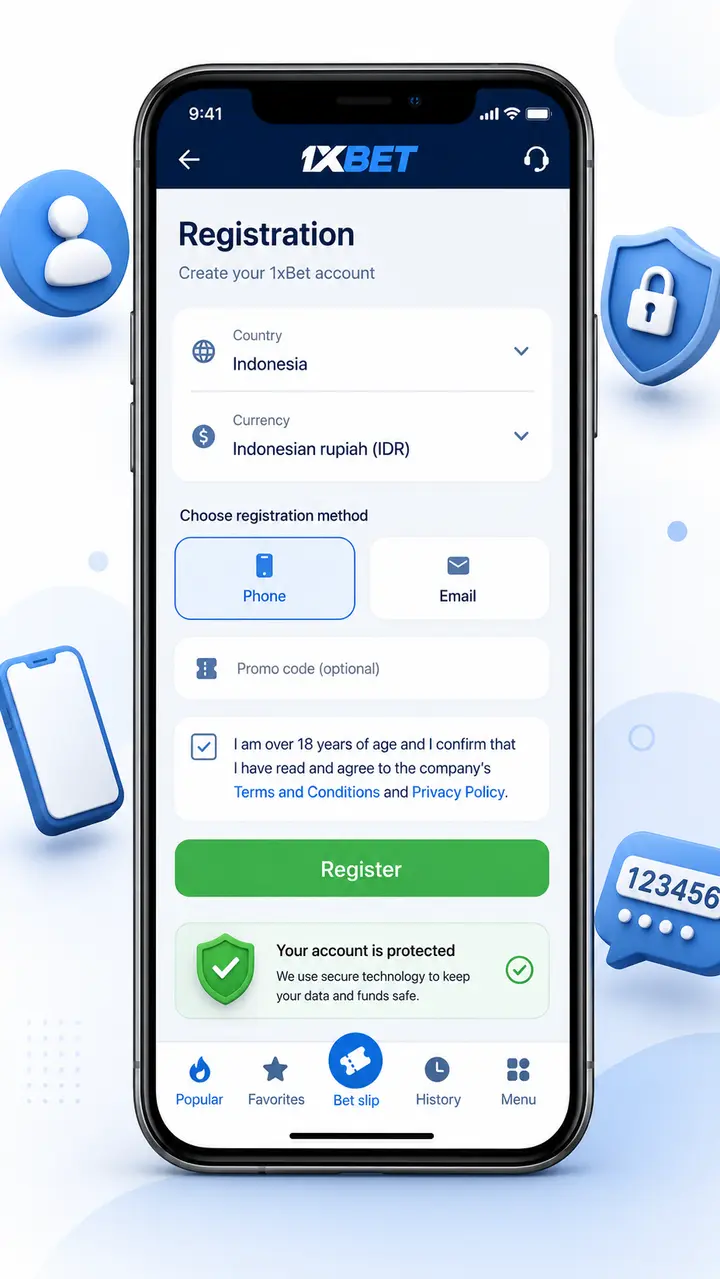 1xBet mobile registration screen