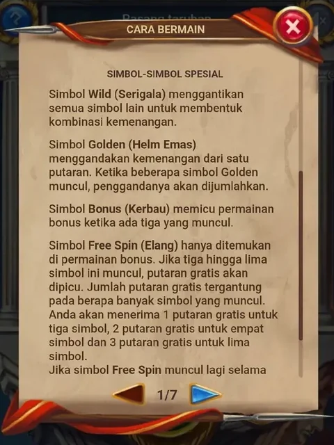 Layar penjelasan simbol spesial Wild, Golden, Bonus, dan Free Spin